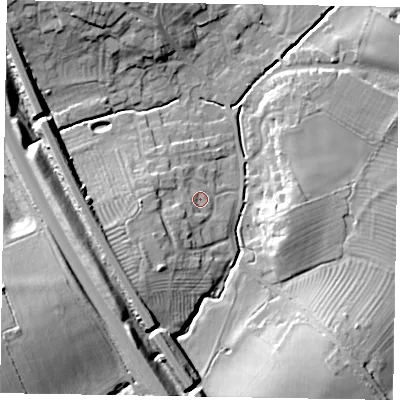 Shaded relief map of the ground around MK179EX, computed from Environment Agency LiDAR. The ground here sits at about 80 m above sea level and falls 18 m across the surrounding 800 m. Surface water reaching this point runs off ground lying to the south-west, 2.5 m higher.