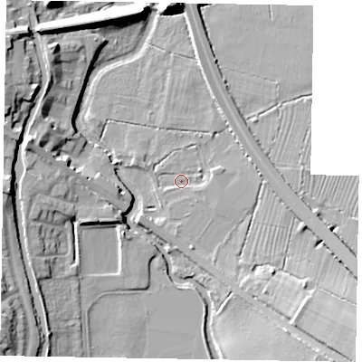 Shaded relief map of the ground around MK179JH, computed from Environment Agency LiDAR. The ground here sits at about 66 m above sea level and falls 14 m across the surrounding 800 m. Surface water reaching this point runs off ground lying to the east-south-east, 1.6 m higher.