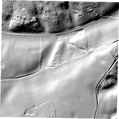 Shaded relief map of the ground around MK179PP, computed from Environment Agency LiDAR. The ground here sits at about 124 m above sea level and falls 31 m across the surrounding 800 m. Surface water reaching this point runs off ground lying to the south-south-east, 13.1 m higher.