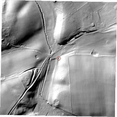Shaded relief map of the ground around MK179PW, computed from Environment Agency LiDAR. The ground here sits at about 111 m above sea level and falls 28 m across the surrounding 800 m. Surface water reaching this point runs off ground lying to the south-east, 21.4 m higher.