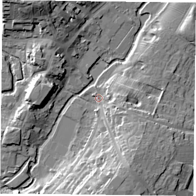Shaded relief map of the ground around MK181AF, computed from Environment Agency LiDAR. The ground here sits at about 80 m above sea level and falls 25 m across the surrounding 800 m. Surface water reaching this point runs off ground lying to the east-south-east, 10.9 m higher.
