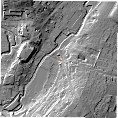 Shaded relief map of the ground around MK181AG, computed from Environment Agency LiDAR. The ground here sits at about 79 m above sea level and falls 25 m across the surrounding 800 m. Surface water reaching this point runs off ground lying to the south-east, 12.8 m higher.