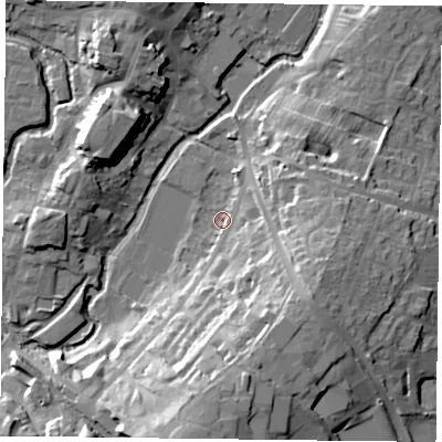 Shaded relief map of the ground around MK181AH, computed from Environment Agency LiDAR. The ground here sits at about 79 m above sea level and falls 25 m across the surrounding 800 m. Surface water reaching this point runs off ground lying to the south-east, 16.9 m higher.