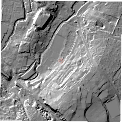 Shaded relief map of the ground around MK181AJ, computed from Environment Agency LiDAR. The ground here sits at about 80 m above sea level and falls 27 m across the surrounding 800 m. Surface water reaching this point runs off ground lying to the south-south-east, 9.9 m higher.