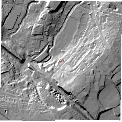 Shaded relief map of the ground around MK181AL, computed from Environment Agency LiDAR. The ground here sits at about 84 m above sea level and falls 30 m across the surrounding 800 m. Surface water reaching this point runs off ground lying to the south-south-east, 20.6 m higher.