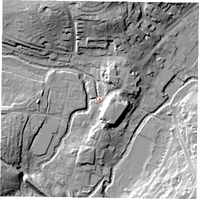 Shaded relief map of the ground around MK181BU, computed from Environment Agency LiDAR. The ground here sits at about 82 m above sea level and falls 27 m across the surrounding 800 m. Surface water reaching this point runs off ground lying to the south-east, 11.3 m higher.