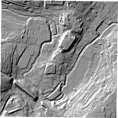 Shaded relief map of the ground around MK181BY, computed from Environment Agency LiDAR. The ground here sits at about 85 m above sea level and falls 24 m across the surrounding 800 m. Surface water reaching this point runs off ground lying to the north, 1.4 m higher.