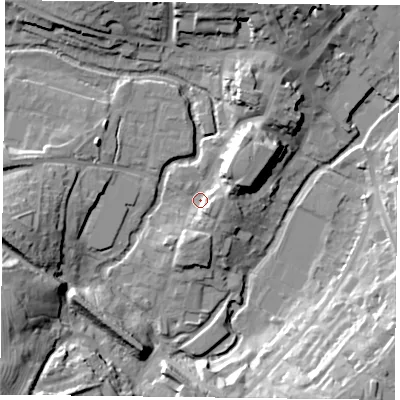 Shaded relief map of the ground around MK181DA, computed from Environment Agency LiDAR. The ground here sits at about 81 m above sea level and falls 25 m across the surrounding 800 m. Surface water reaching this point runs off ground lying to the north-east, 10.6 m higher.