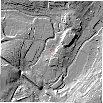 Shaded relief map of the ground around MK181DB, computed from Environment Agency LiDAR. The ground here sits at about 81 m above sea level and falls 28 m across the surrounding 800 m. Surface water reaching this point runs off ground lying to the north-east, 10.6 m higher.