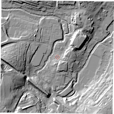 Shaded relief map of the ground around MK181DD, computed from Environment Agency LiDAR. The ground here sits at about 81 m above sea level and falls 29 m across the surrounding 800 m. Surface water reaching this point runs off ground lying to the south-east, 5.4 m higher.