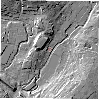 Shaded relief map of the ground around MK181DG, computed from Environment Agency LiDAR. The ground here sits at about 79 m above sea level and falls 22 m across the surrounding 800 m. Surface water reaching this point runs off ground lying to the south-south-east, 21.6 m higher.