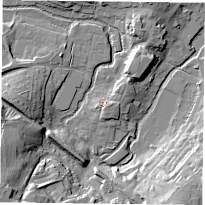 Shaded relief map of the ground around MK181DQ, computed from Environment Agency LiDAR. The ground here sits at about 82 m above sea level and falls 29 m across the surrounding 800 m. Surface water reaching this point runs off ground lying to the east-south-east, 3.9 m higher.