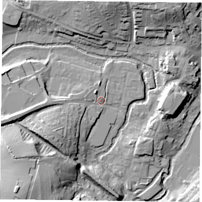 Shaded relief map of the ground around MK181EE, computed from Environment Agency LiDAR. The ground here sits at about 82 m above sea level and falls 29 m across the surrounding 800 m. Surface water reaching this point runs off ground lying to the south-west, 14.7 m higher.