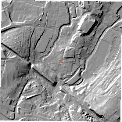 Shaded relief map of the ground around MK181EG, computed from Environment Agency LiDAR. The ground here sits at about 81 m above sea level and falls 32 m across the surrounding 800 m. Surface water reaching this point runs off ground lying to the north-north-east, 4.7 m higher.