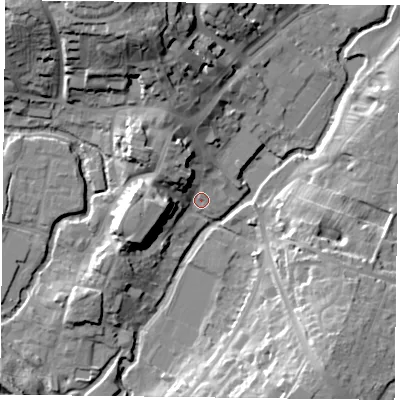 Shaded relief map of the ground around MK181EN, computed from Environment Agency LiDAR. The ground here sits at about 79 m above sea level and falls 27 m across the surrounding 800 m. Surface water reaching this point runs off ground lying to the west, 12.4 m higher.
