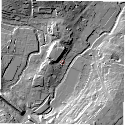 Shaded relief map of the ground around MK181EP, computed from Environment Agency LiDAR. The ground here sits at about 82 m above sea level and falls 22 m across the surrounding 800 m. Surface water reaching this point runs off ground lying to the north-west, 12.1 m higher.