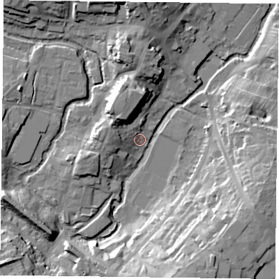 Shaded relief map of the ground around MK181ER, computed from Environment Agency LiDAR. The ground here sits at about 79 m above sea level and falls 23 m across the surrounding 800 m. Surface water reaching this point runs off ground lying to the west-north-west, 7.6 m higher.