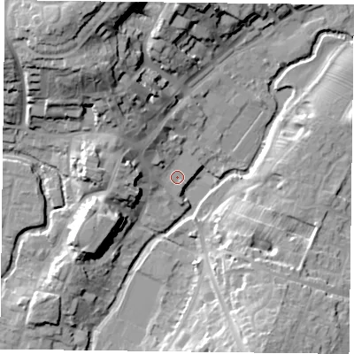 Shaded relief map of the ground around MK181GA, computed from Environment Agency LiDAR. The ground here sits at about 80 m above sea level and falls 29 m across the surrounding 800 m. Surface water reaching this point runs off ground lying to the north-west, 14.1 m higher.
