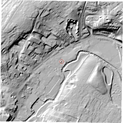 Shaded relief map of the ground around MK181GB, computed from Environment Agency LiDAR. The ground here sits at about 78 m above sea level and falls 35 m across the surrounding 800 m. Surface water reaching this point runs off ground lying to the north-west, 29.1 m higher.