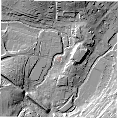 Shaded relief map of the ground around MK181GR, computed from Environment Agency LiDAR. The ground here sits at about 81 m above sea level and falls 25 m across the surrounding 800 m. Surface water reaching this point runs off ground lying to the north-north-east, 22.4 m higher.