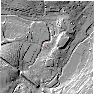 Shaded relief map of the ground around MK181GS, computed from Environment Agency LiDAR. The ground here sits at about 81 m above sea level and falls 26 m across the surrounding 800 m. Surface water reaching this point runs off ground lying to the east-north-east, 10.6 m higher.