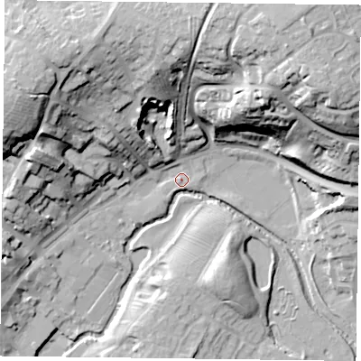 Shaded relief map of the ground around MK181GT, computed from Environment Agency LiDAR. The ground here sits at about 79 m above sea level and falls 36 m across the surrounding 800 m. Surface water reaching this point runs off ground lying to the north, 32.1 m higher.