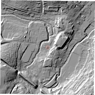 Shaded relief map of the ground around MK181GW, computed from Environment Agency LiDAR. The ground here sits at about 81 m above sea level and falls 25 m across the surrounding 800 m. Surface water reaching this point runs off ground lying to the east-north-east, 10.6 m higher.