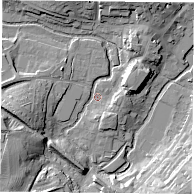 Shaded relief map of the ground around MK181GX, computed from Environment Agency LiDAR. The ground here sits at about 80 m above sea level and falls 28 m across the surrounding 800 m. Surface water reaching this point runs off ground lying to the west-south-west, 17.1 m higher.