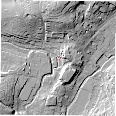 Shaded relief map of the ground around MK181HA, computed from Environment Agency LiDAR. The ground here sits at about 81 m above sea level and falls 28 m across the surrounding 800 m. Surface water reaching this point runs off ground lying to the south-south-east, 11.3 m higher.