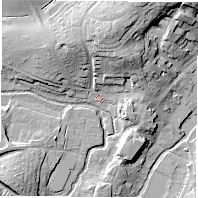 Shaded relief map of the ground around MK181HH, computed from Environment Agency LiDAR. The ground here sits at about 82 m above sea level and falls 29 m across the surrounding 800 m. Surface water reaching this point runs off ground lying to the north-north-east, 19.8 m higher.