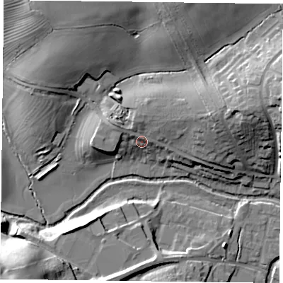 Shaded relief map of the ground around MK181JD, computed from Environment Agency LiDAR. The ground here sits at about 86 m above sea level and falls 24 m across the surrounding 800 m. Surface water reaching this point runs off ground lying to the north-east, 9.1 m higher.
