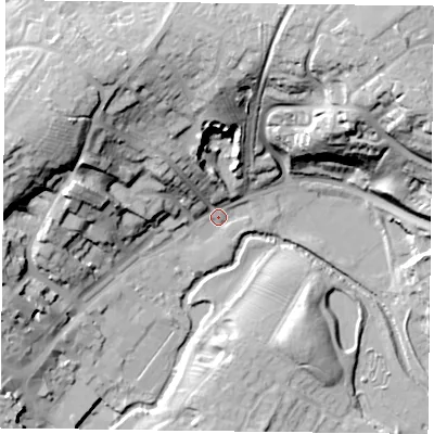 Shaded relief map of the ground around MK181NY, computed from Environment Agency LiDAR. The ground here sits at about 79 m above sea level and falls 36 m across the surrounding 800 m. Surface water reaching this point runs off ground lying to the north-north-east, 30.6 m higher.