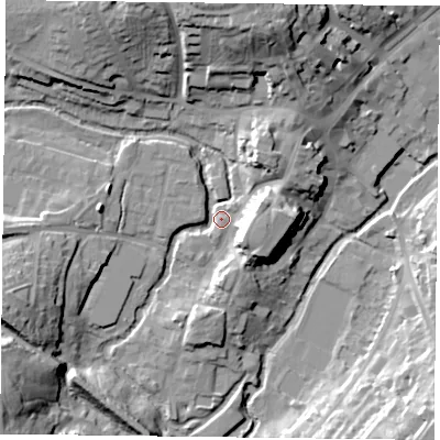 Shaded relief map of the ground around MK181PY, computed from Environment Agency LiDAR. The ground here sits at about 81 m above sea level and falls 25 m across the surrounding 800 m. Surface water reaching this point runs off ground lying to the north, 23.3 m higher.