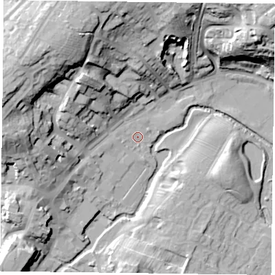 Shaded relief map of the ground around MK181RP, computed from Environment Agency LiDAR. The ground here sits at about 78 m above sea level and falls 34 m across the surrounding 800 m. Surface water reaching this point runs off ground lying to the west, 23.1 m higher.