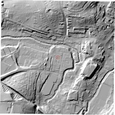 Shaded relief map of the ground around MK181SF, computed from Environment Agency LiDAR. The ground here sits at about 82 m above sea level and falls 28 m across the surrounding 800 m. Surface water reaching this point runs off ground lying to the west-south-west, 2.3 m higher.