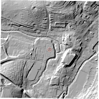 Shaded relief map of the ground around MK181SN, computed from Environment Agency LiDAR. The ground here sits at about 82 m above sea level and falls 28 m across the surrounding 800 m. Surface water reaching this point runs off ground lying to the north-west, 1.1 m higher.