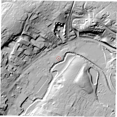 Shaded relief map of the ground around MK181TD, computed from Environment Agency LiDAR. The ground here sits at about 79 m above sea level and falls 36 m across the surrounding 800 m. Surface water reaching this point runs off ground lying to the north, 30.8 m higher.