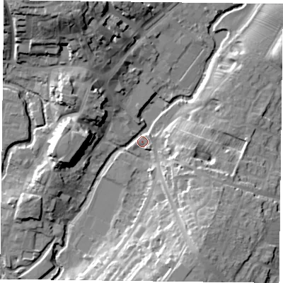 Shaded relief map of the ground around MK181UP, computed from Environment Agency LiDAR. The ground here sits at about 79 m above sea level and falls 26 m across the surrounding 800 m. Surface water reaching this point runs off ground lying to the south, 19.3 m higher.