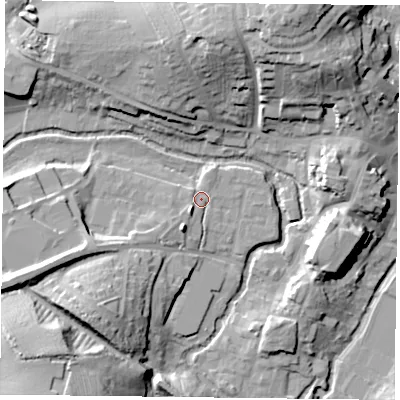 Shaded relief map of the ground around MK181ZU, computed from Environment Agency LiDAR. The ground here sits at about 82 m above sea level and falls 28 m across the surrounding 800 m. Surface water reaching this point runs off ground lying to the south-south-west, 4.9 m higher.