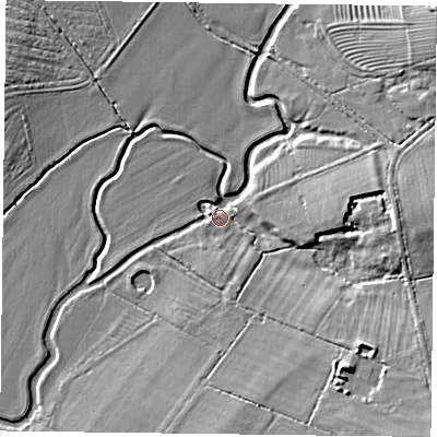 Shaded relief map of the ground around MK182BL, computed from Environment Agency LiDAR. The ground here sits at about 77 m above sea level and falls 11 m across the surrounding 800 m. Surface water reaching this point runs off ground lying to the south-east, 11.1 m higher.