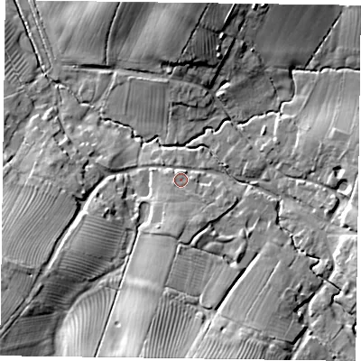 Shaded relief map of the ground around MK182DF, computed from Environment Agency LiDAR. The ground here sits at about 83 m above sea level and falls 24 m across the surrounding 800 m. Surface water reaching this point runs off ground lying to the south, 4.7 m higher.