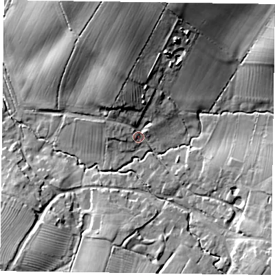 Shaded relief map of the ground around MK182DH, computed from Environment Agency LiDAR. The ground here sits at about 82 m above sea level and falls 24 m across the surrounding 800 m. Surface water reaching this point runs off ground lying to the north-north-west, 13.0 m higher.