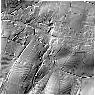 Shaded relief map of the ground around MK182DN, computed from Environment Agency LiDAR. The ground here sits at about 83 m above sea level and falls 30 m across the surrounding 800 m. Surface water reaching this point runs off ground lying to the south-west, 25.0 m higher.