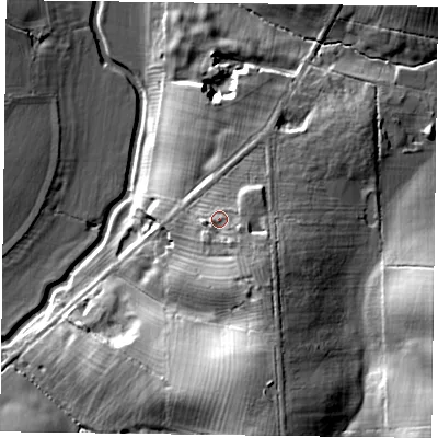 Shaded relief map of the ground around MK182EB, computed from Environment Agency LiDAR. The ground here sits at about 89 m above sea level and falls 34 m across the surrounding 800 m. Surface water reaching this point runs off ground lying to the south-east, 6.7 m higher.