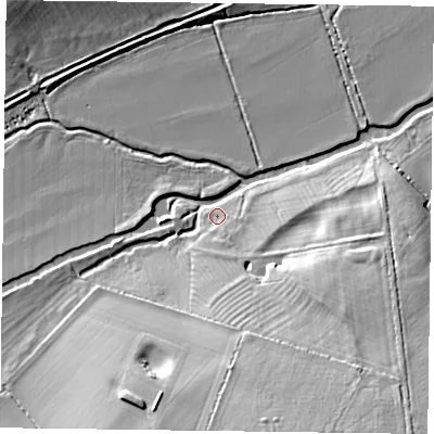 Shaded relief map of the ground around MK182ED, computed from Environment Agency LiDAR. The ground here sits at about 72 m above sea level and falls 18 m across the surrounding 800 m. Surface water reaching this point runs off ground lying to the south-south-east, 18.0 m higher.
