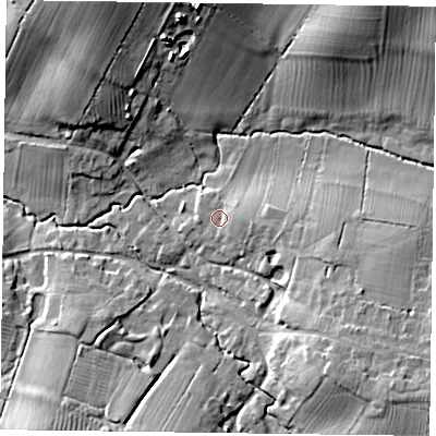 Shaded relief map of the ground around MK182HP, computed from Environment Agency LiDAR. The ground here sits at about 83 m above sea level and falls 19 m across the surrounding 800 m. Surface water reaching this point runs off ground lying to the east, 2.4 m higher.