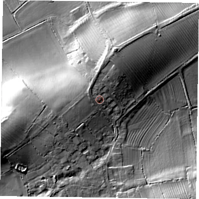 Shaded relief map of the ground around MK183NQ, computed from Environment Agency LiDAR. The ground here sits at about 109 m above sea level and falls 23 m across the surrounding 800 m. Surface water reaching this point runs off ground lying to the north-north-west, 2.3 m higher.