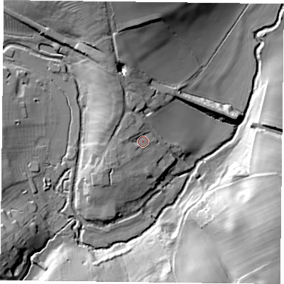 Shaded relief map of the ground around MK184AB, computed from Environment Agency LiDAR. The ground here sits at about 89 m above sea level and falls 28 m across the surrounding 800 m. Surface water reaching this point runs off ground lying to the north-north-west, 2.9 m higher.