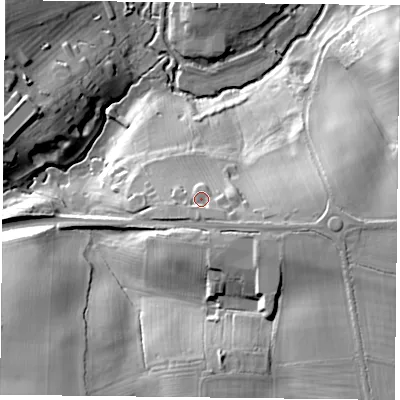 Shaded relief map of the ground around MK184AE, computed from Environment Agency LiDAR. The ground here sits at about 102 m above sea level and falls 32 m across the surrounding 800 m. Surface water reaching this point runs off ground lying to the east-south-east, 6.0 m higher.