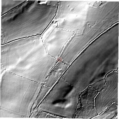 Shaded relief map of the ground around MK184DL, computed from Environment Agency LiDAR. The ground here sits at about 110 m above sea level and falls 18 m across the surrounding 800 m. Surface water reaching this point runs off ground lying to the north-east, 2.9 m higher.